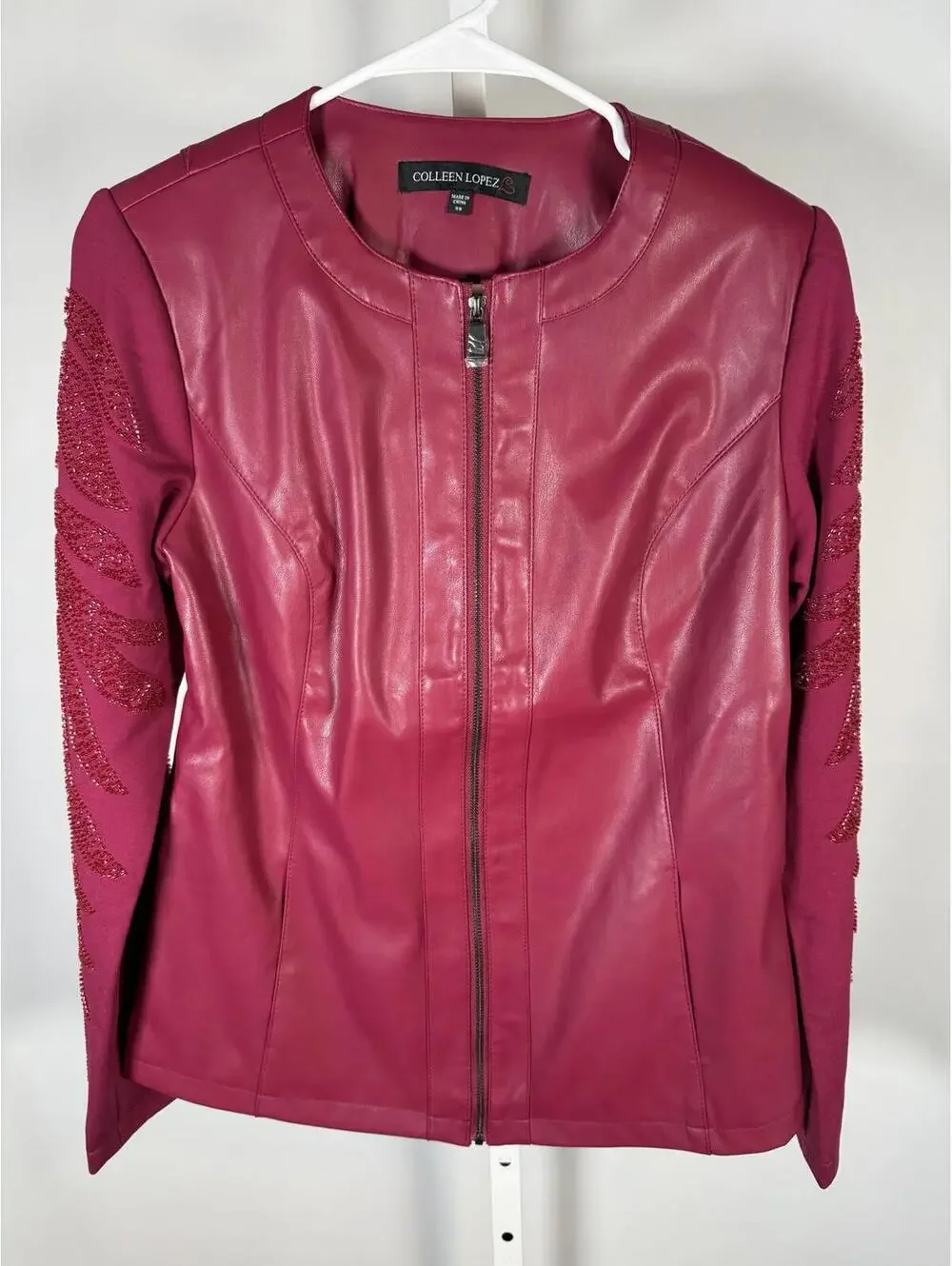 NWT Colleen Lopez Beaded Mesh Sleeve Faux Leather Moto Jacket Size XS - Picture 3 of 8